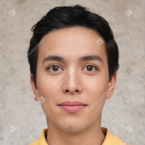 Neutral white young-adult male with short  brown hair and brown eyes