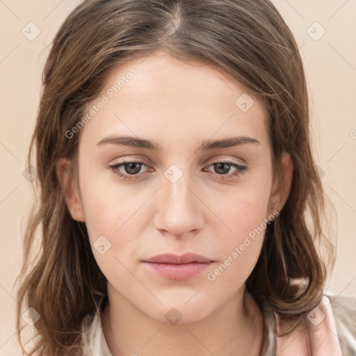 Neutral white young-adult female with medium  brown hair and brown eyes