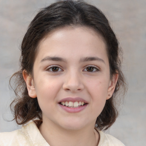 Joyful white child female with medium  brown hair and brown eyes