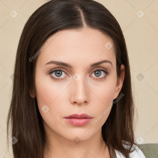 Neutral white young-adult female with medium  brown hair and brown eyes