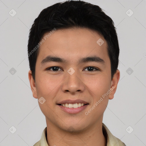 Joyful asian young-adult male with short  black hair and brown eyes