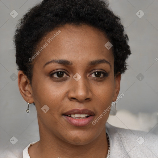 Joyful black young-adult female with short  brown hair and brown eyes