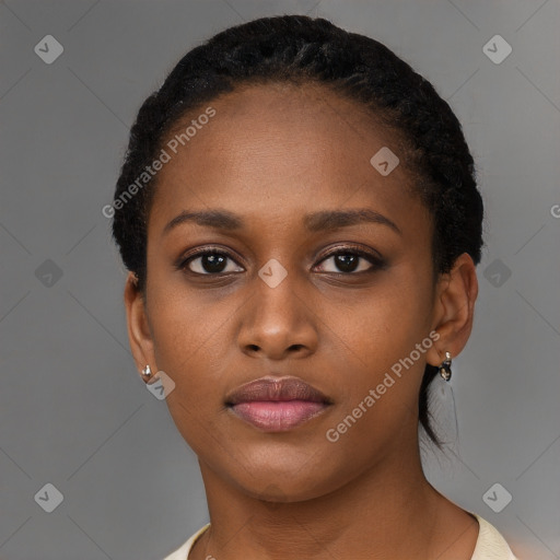 Neutral black young-adult female with short  black hair and brown eyes