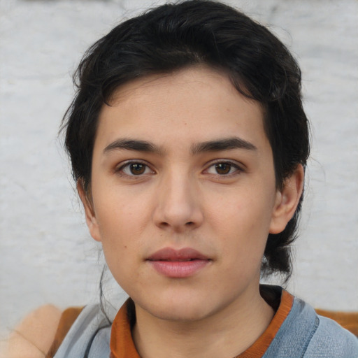 Neutral white young-adult female with short  brown hair and brown eyes