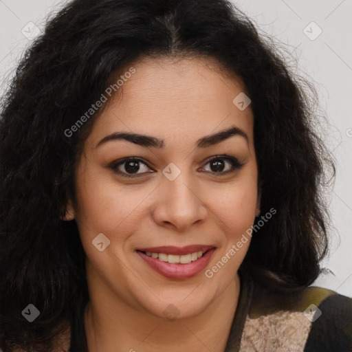 Joyful latino young-adult female with long  brown hair and brown eyes