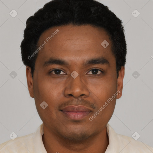 Neutral latino young-adult male with short  black hair and brown eyes