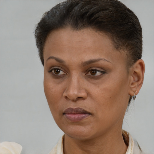 Joyful white adult female with short  brown hair and brown eyes