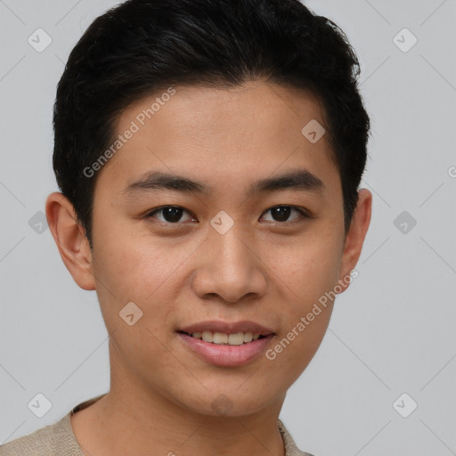 Joyful latino young-adult male with short  brown hair and brown eyes