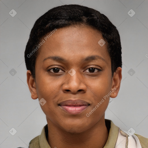 Joyful black young-adult female with short  black hair and brown eyes