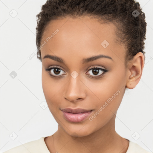 Joyful latino young-adult female with short  brown hair and brown eyes