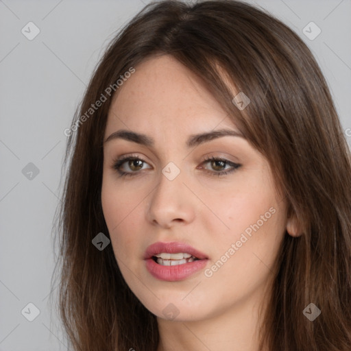 Neutral white young-adult female with long  brown hair and brown eyes