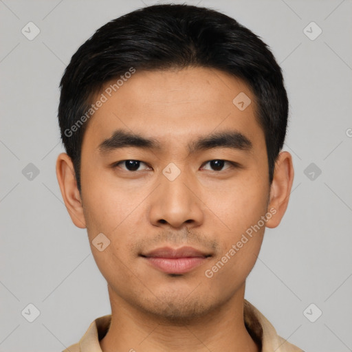 Neutral asian young-adult male with short  black hair and brown eyes