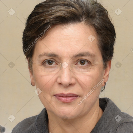 Joyful white adult female with short  brown hair and brown eyes