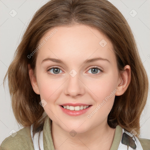 Joyful white young-adult female with medium  brown hair and blue eyes