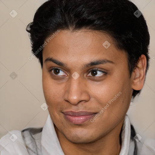 Joyful latino young-adult female with short  brown hair and brown eyes