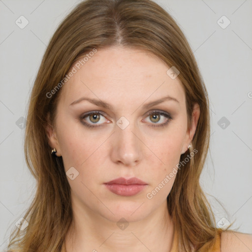 Neutral white young-adult female with medium  brown hair and green eyes