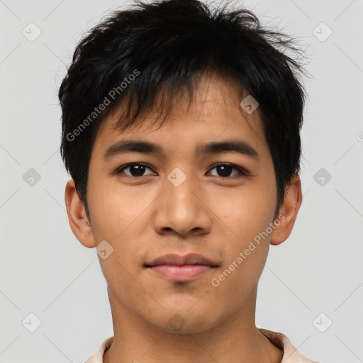 Neutral asian young-adult male with short  black hair and brown eyes