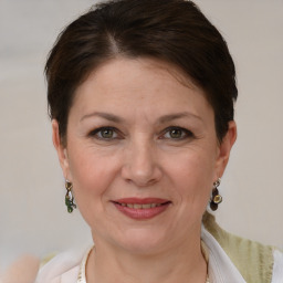 Joyful white adult female with short  brown hair and grey eyes