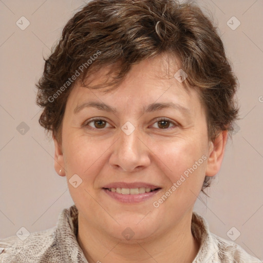 Joyful white adult female with short  brown hair and brown eyes