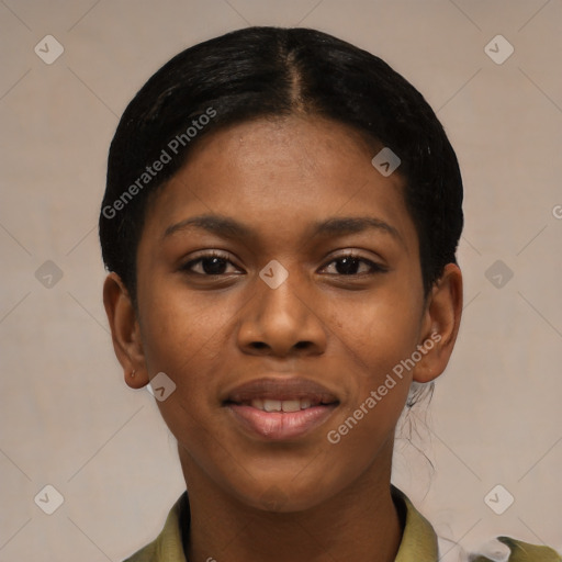 Joyful latino young-adult female with short  black hair and brown eyes