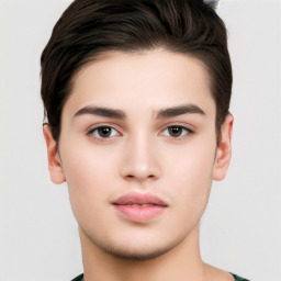 Neutral white young-adult male with short  brown hair and brown eyes