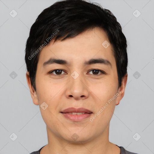 Joyful white young-adult male with short  black hair and brown eyes