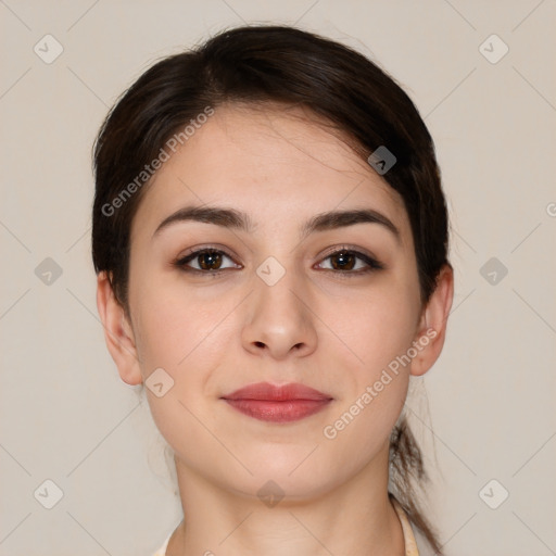 Neutral white young-adult female with short  brown hair and brown eyes