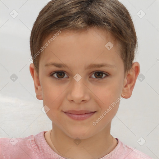 Joyful white child female with short  brown hair and brown eyes