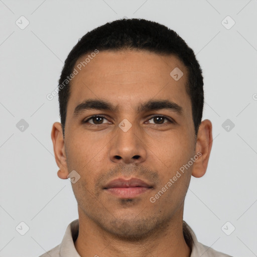 Neutral latino young-adult male with short  black hair and brown eyes