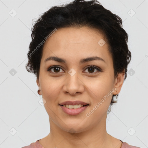 Joyful latino young-adult female with short  brown hair and brown eyes