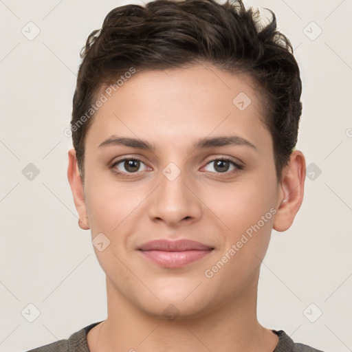 Joyful white young-adult female with short  brown hair and brown eyes