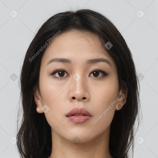 Neutral asian young-adult female with long  brown hair and brown eyes