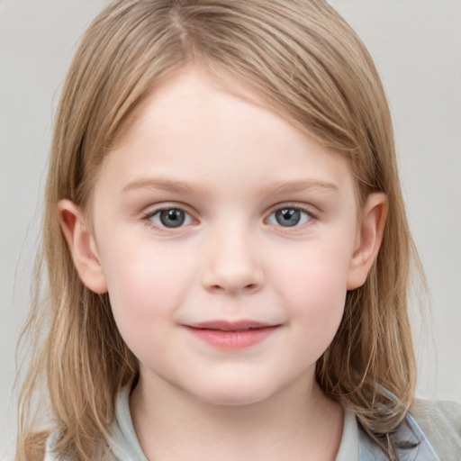 Joyful white child female with medium  brown hair and grey eyes