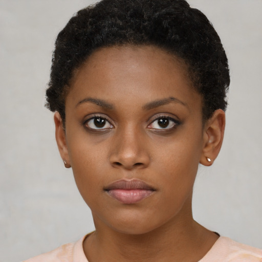 Neutral black young-adult female with short  brown hair and brown eyes