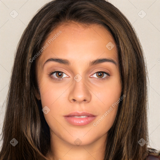 Neutral white young-adult female with long  brown hair and brown eyes