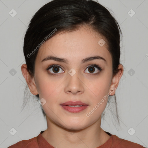 Neutral white young-adult female with medium  brown hair and brown eyes