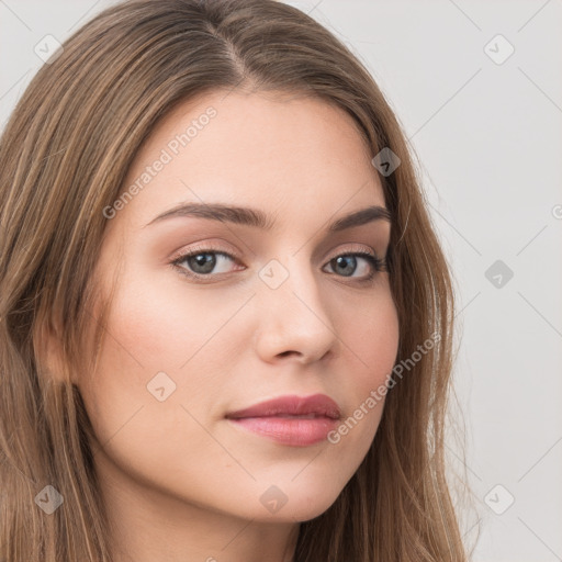 Neutral white young-adult female with long  brown hair and brown eyes