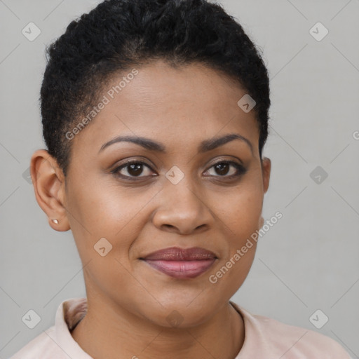 Joyful latino young-adult female with short  brown hair and brown eyes