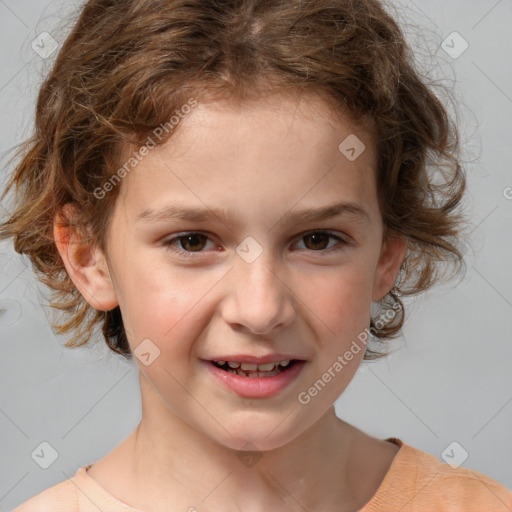 Joyful white child female with medium  brown hair and brown eyes