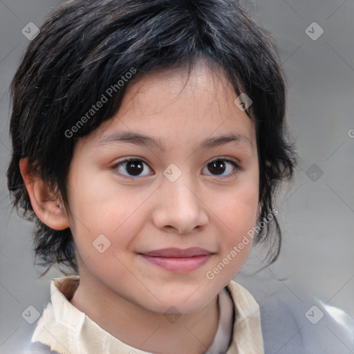 Joyful white child female with medium  brown hair and brown eyes