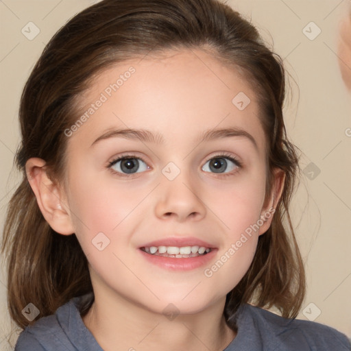 Joyful white child female with medium  brown hair and brown eyes