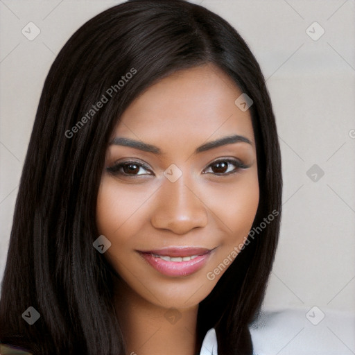 Joyful latino young-adult female with long  black hair and brown eyes