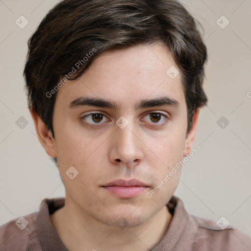 Neutral white young-adult male with short  brown hair and grey eyes