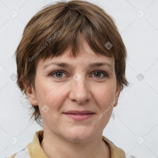 Joyful white adult female with medium  brown hair and grey eyes