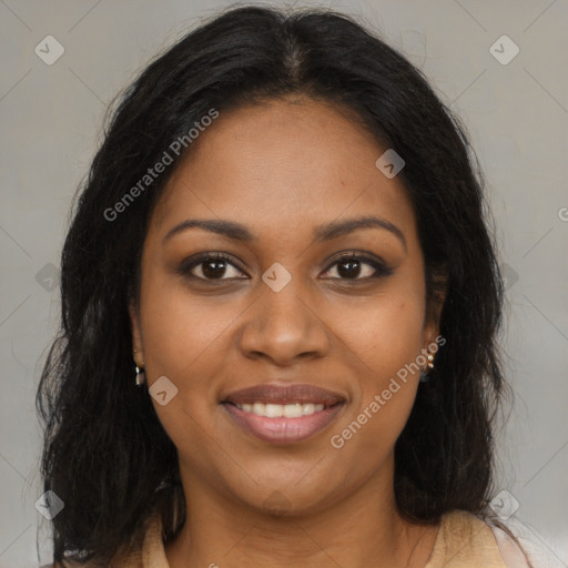 Joyful black young-adult female with long  brown hair and brown eyes