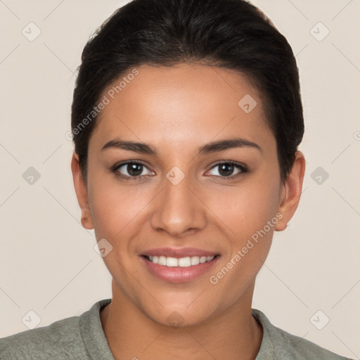 Joyful white young-adult female with short  brown hair and brown eyes