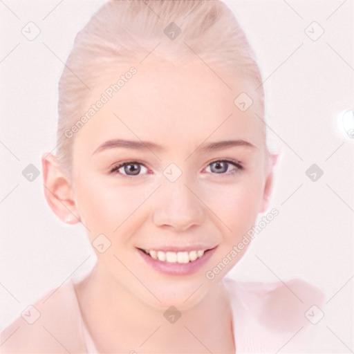 Joyful white child female with medium  brown hair and blue eyes