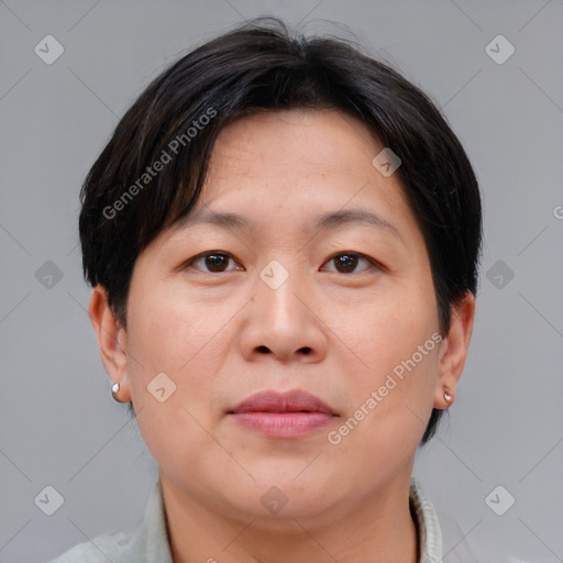 Joyful asian adult female with short  brown hair and brown eyes