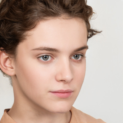 Neutral white young-adult female with short  brown hair and brown eyes