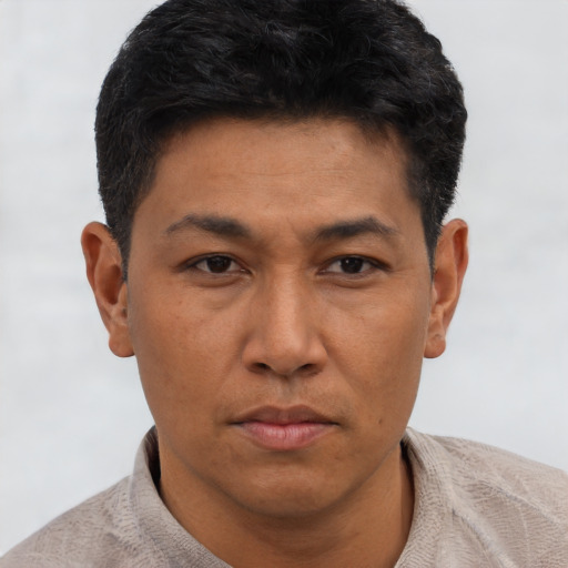 Neutral asian adult male with short  brown hair and brown eyes